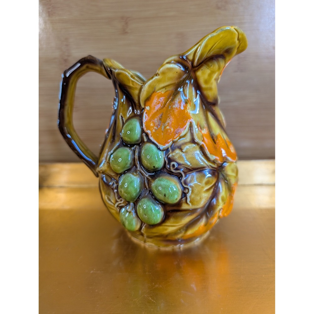 Vintage Swirling Leaves Handpainted Ceramic Pitcher Grapes Orange Green Majolica